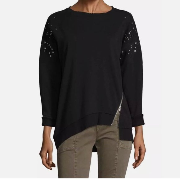 Joe's Jeans Studded Sleeve Black Side Zip Sweatshirt - Picture 1 of 5